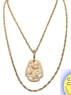 Vintage Signed Crown Trifari Carved Faux-Ivory Lotus Pendant Necklace